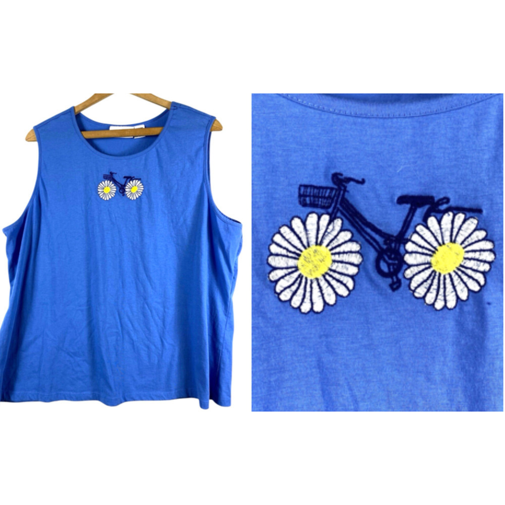 Country Store Tank Top 2X Embroidered Bike Daisy Floral Cottagecore Blue Beachy